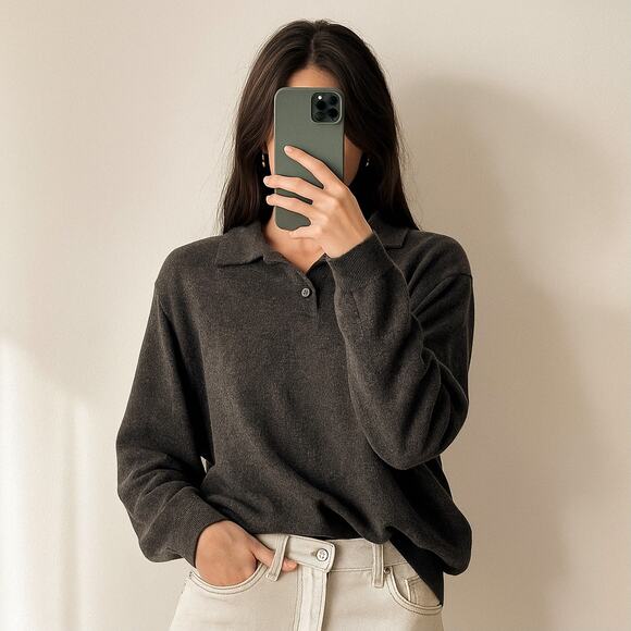 Gray Wool Sweater Collared Made in Italy Minimalist Classic Luxury Small - Picture 1 of 9